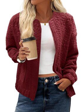 Women's Burgundy Jacquard Bomber Jacket Zip Up Lightweight Casual Fall Coat